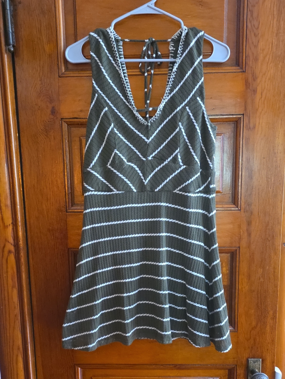 Three Hearts Olive Green and White Striped V-Neck Mini Dress